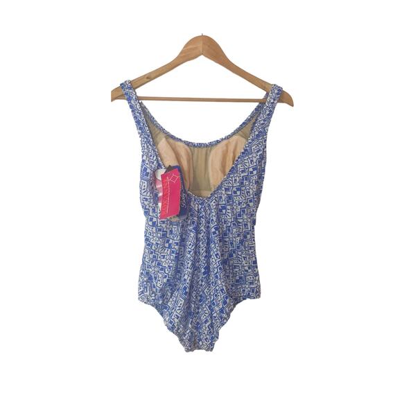 1980s Roxanne Blue White Geometric Pattern One Piece Swim Suit Size 14 NWT - Picture 2 of 6